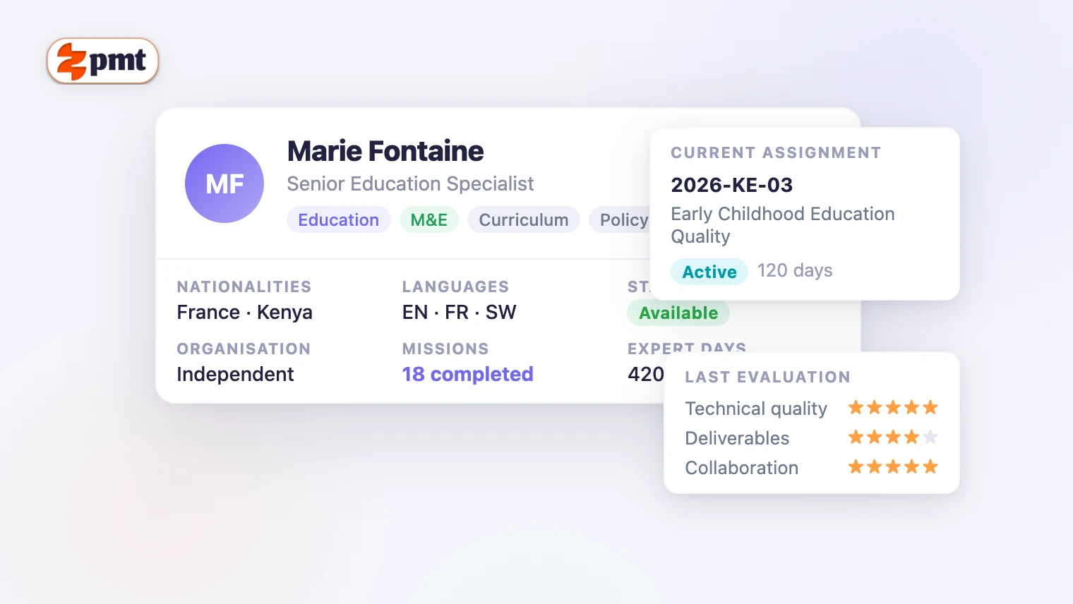 ZeePMT expert profile screen showing professional classification, sector tags, language proficiencies, geographic experience and assignment history