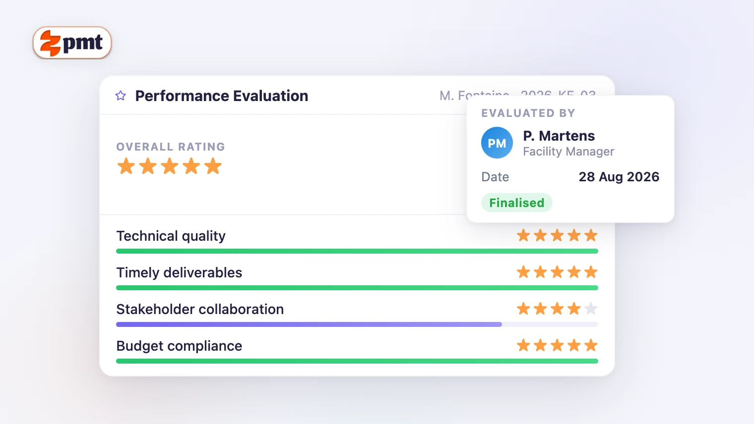 ZeePMT expert performance evaluation screen showing scores across delivery, quality, collaboration and conduct dimensions